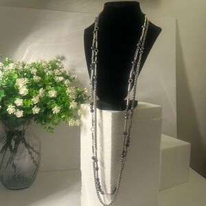 2-strand silver tone chain necklace w/ bluish-gray beads- each chain removable